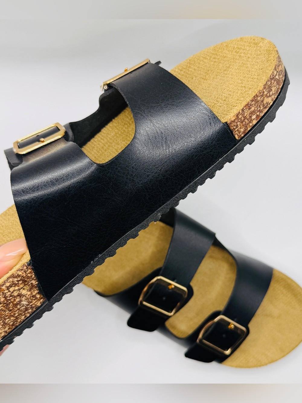 NWT Classic Double Buckle Black Cork Footbed Sandals - Size 6.5 - Picture 4 of 6